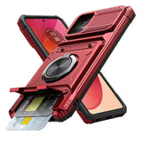 Red rugged phone case with a kickstand, card slot, and rotating ring holder.