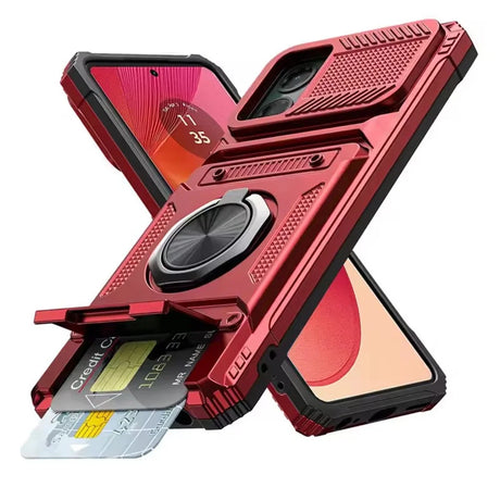 Red rugged phone case with a kickstand, card slot, and rotating ring holder.