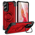 Red rugged phone case with a kickstand and magnetic ring.