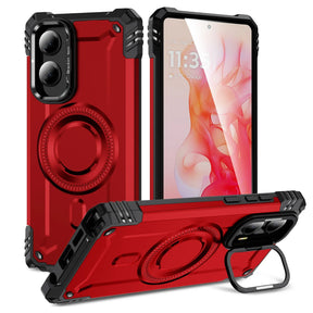 Red rugged phone case with a kickstand and magnetic ring.