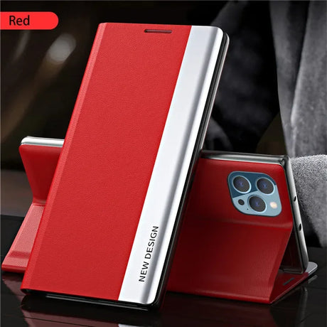 Red and silver smartphone case with a flip cover design.