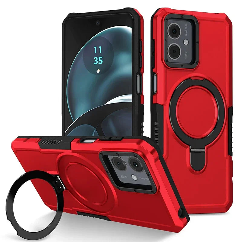 Red smartphone case with a built-in ring holder and dual camera cutout.