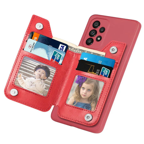 Red smartphone case with built-in wallet compartments and photo slots.