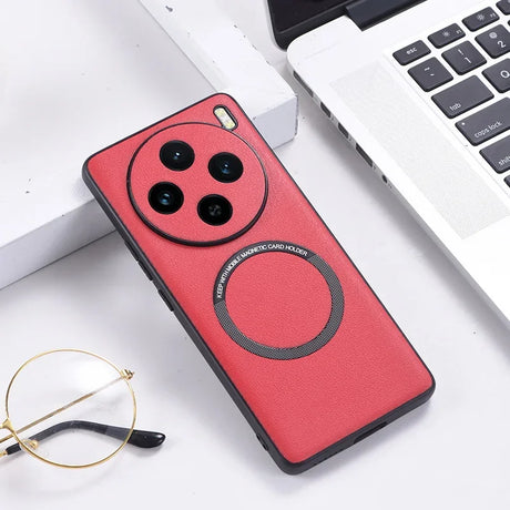 Red smartphone case with a circular magnetic charging area and a quad-camera setup.