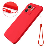 Red smartphone case with dual camera cutouts and an attached wrist strap.