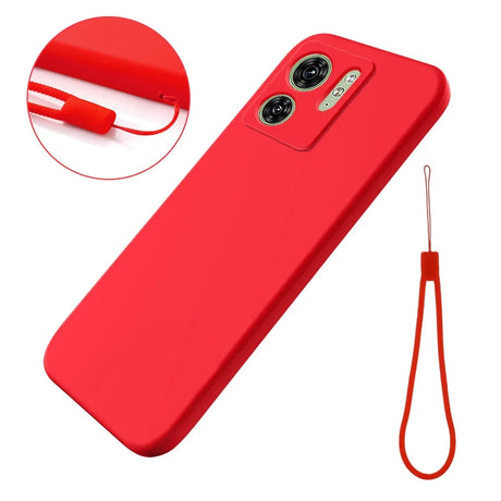 Red smartphone case with dual camera cutouts and an attached wrist strap.