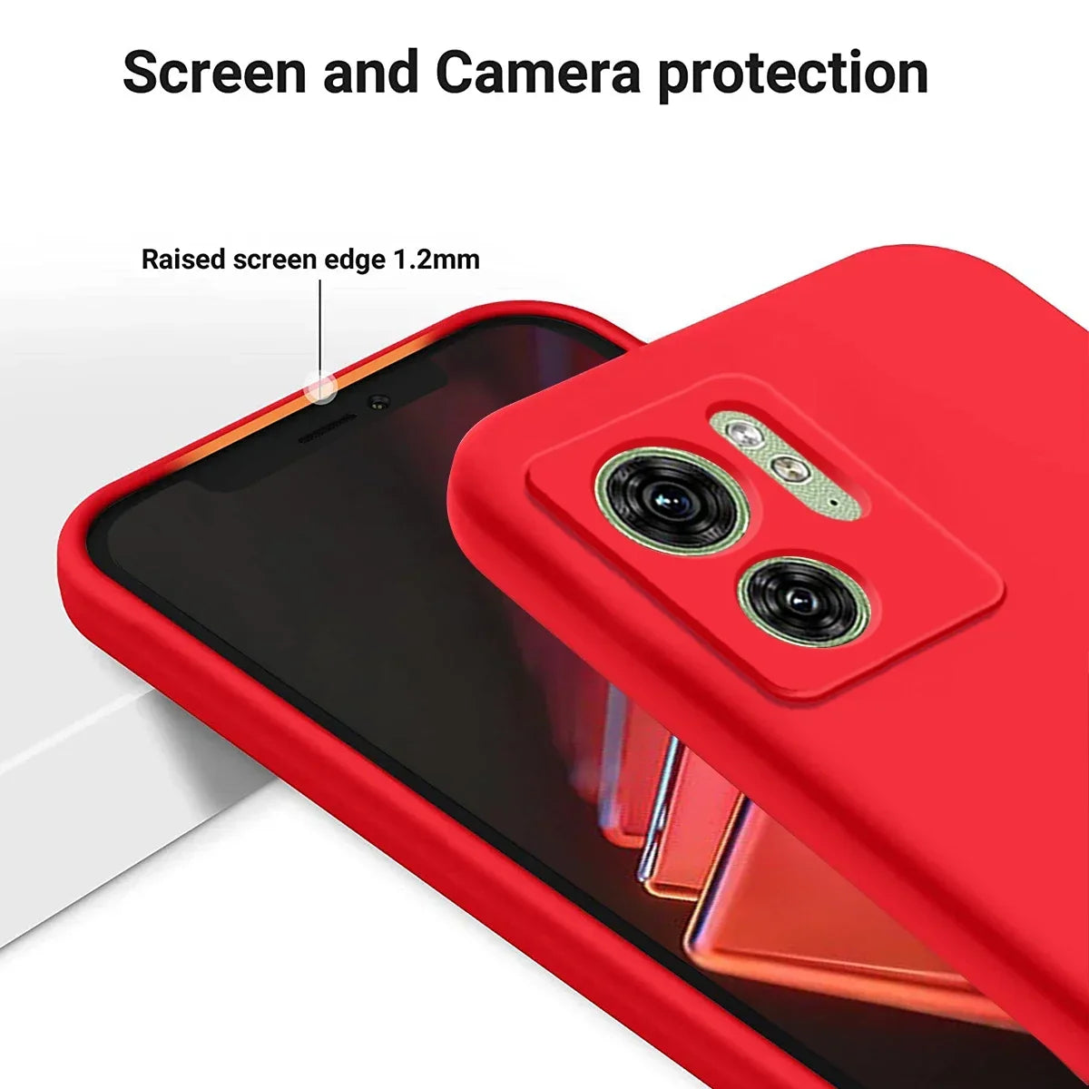 Red smartphone case with raised edges and camera protection features.