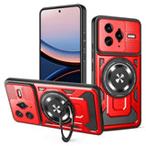 Red smartphone cases with a camera slide cover and a magnetic ring stand.
