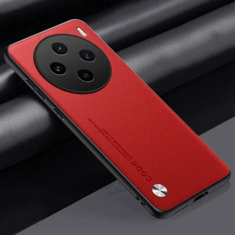 Red smartphone with a circular quad-camera setup on the back.