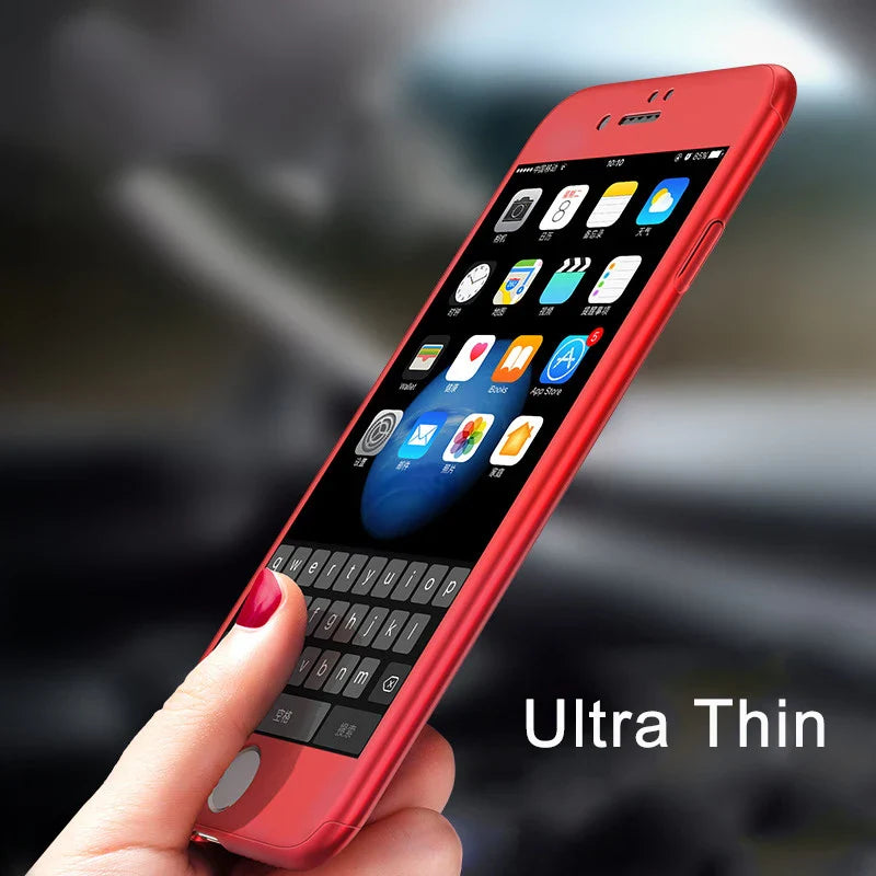 Red smartphone with a touchscreen display and on-screen keyboard.