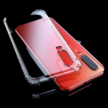 Red smartphone with a transparent protective case.