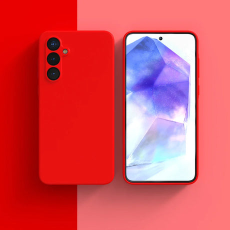 Red smartphone with a triple camera setup and a colorful display showing abstract shapes.