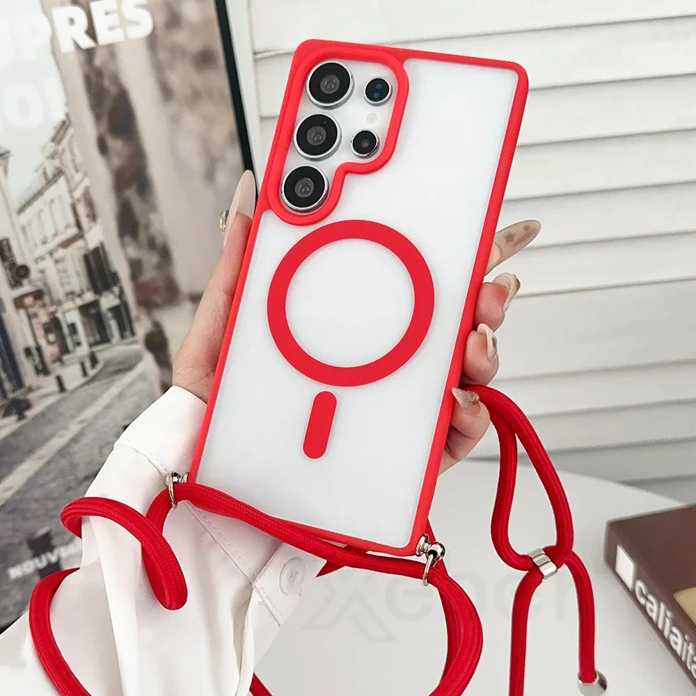 Red-trimmed phone case with lanyard.