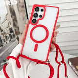 Red-trimmed phone case with lanyard.