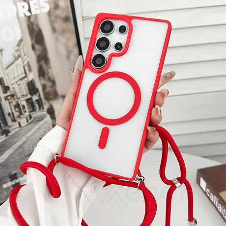 Red-trimmed phone case with lanyard.