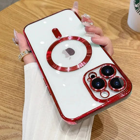 Red-trimmed phone case with magnetic ring.