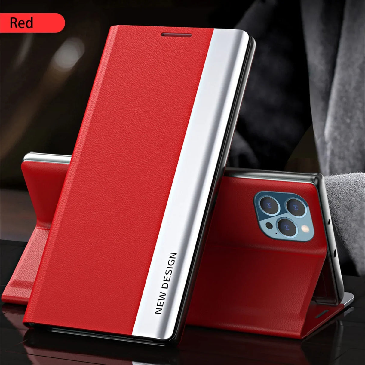 Red and white smartphone case with a flip cover design.