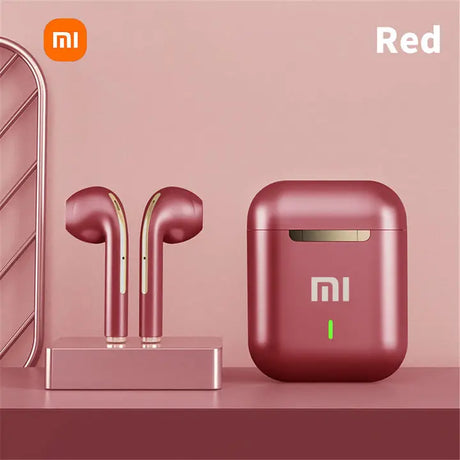 Red wireless earbuds with a charging case from Xiaomi.