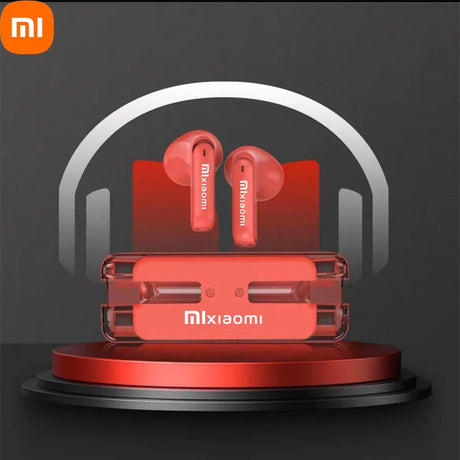 Red wireless earbuds with a charging case and headphones icon.