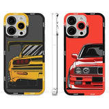The back of a red and yellow car with a black stripe on it