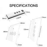 Remote control and two touch-sensitive light switches with dimensions.