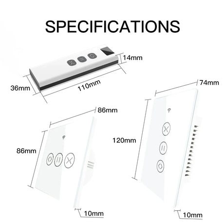 Remote control and two touch-sensitive light switches with dimensions.