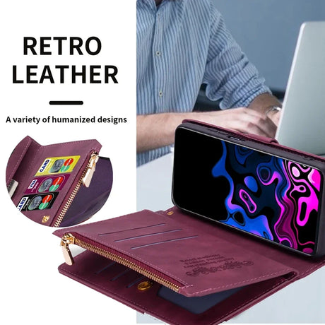 Retro-style leather wallet or phone case with card slots and a zippered compartment.