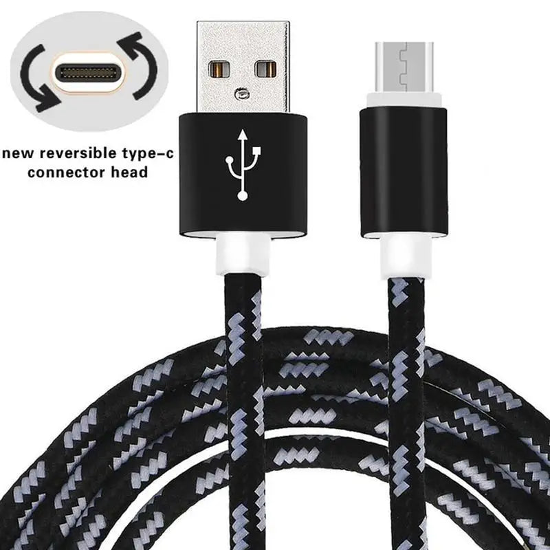 a close up of a black and white braided usb cable