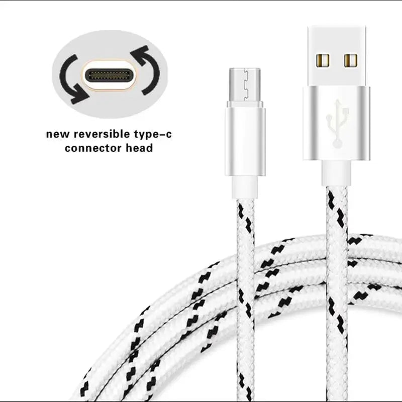 a white cable with a black and white braid