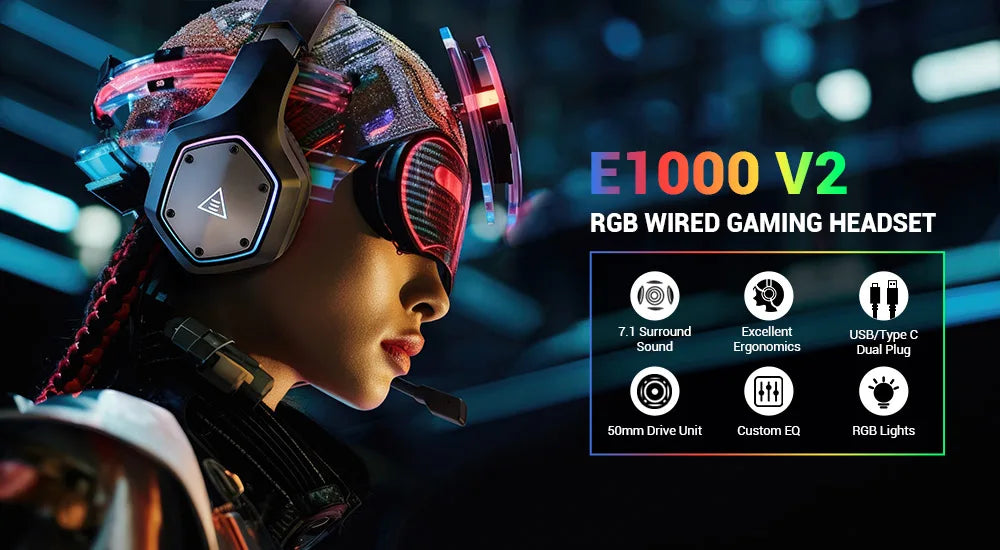 RGB wired gaming headset with illuminated features and a futuristic design.