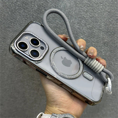 Rhinestone-accented iPhone case with lanyard.