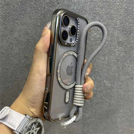 Rhinestone-accented iPhone case with lanyard.