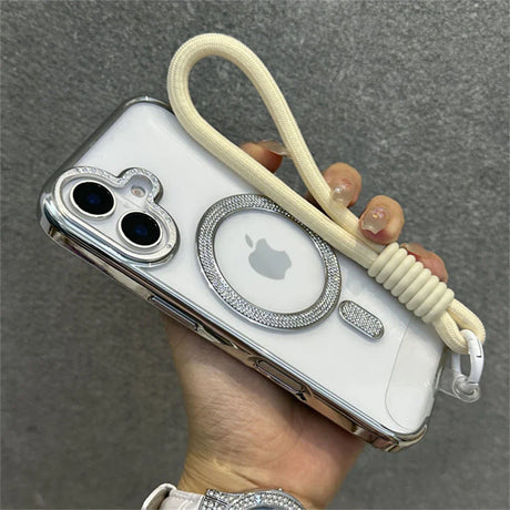 Rhinestone-accented phone case with wrist strap.