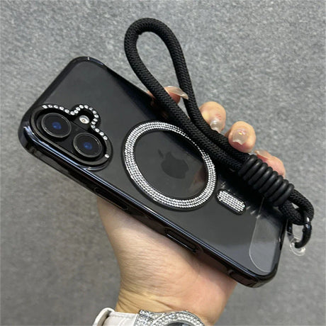 Rhinestone-studded black phone case with lanyard.