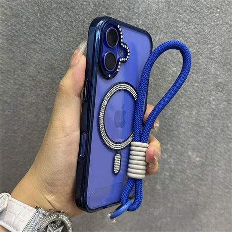 Rhinestone-studded blue phone case with wrist strap.