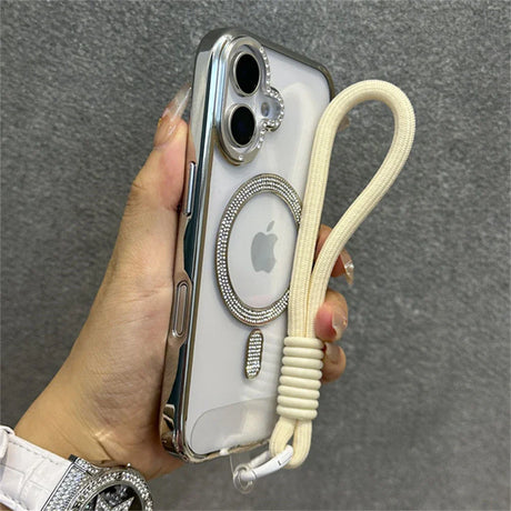 Rhinestone-studded iPhone case with wrist strap.