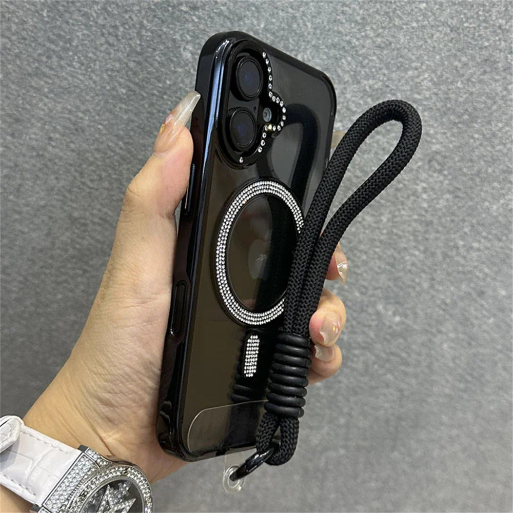 Rhinestone-studded phone case with lanyard.