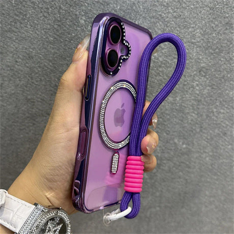 Rhinestone-studded purple iPhone case with lanyard.