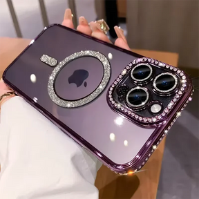 Rhinestone-studded purple iPhone case.