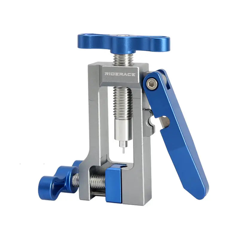 a close up of a clamp with a blue handle on a white background