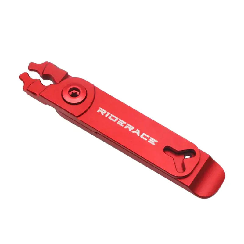 a red bottle opener with a metal handle