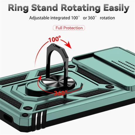 Rotating ring stand integrated into a protective phone case with 100° and 360° rotation capabilities.