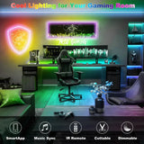 a room with a desk, chair and neon lights