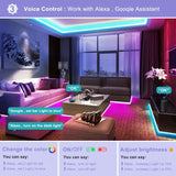 a room with purple lighting and a couch