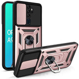 Rose gold and black shockproof armor case for oppo with built-in magnetic ring stand and camera slide shown from back side