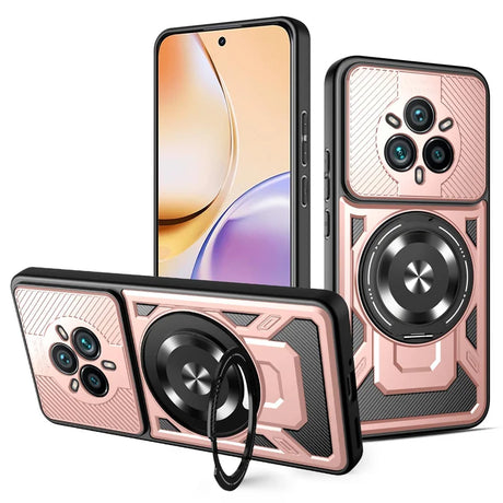 A rose gold and black protective phone case with a built-in kickstand and camera protection.