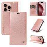Rose gold faux leather phone case with card slots and kickstand functionality.
