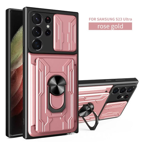 Rose gold protective case with a ring holder for the Samsung S23 Ultra smartphone.