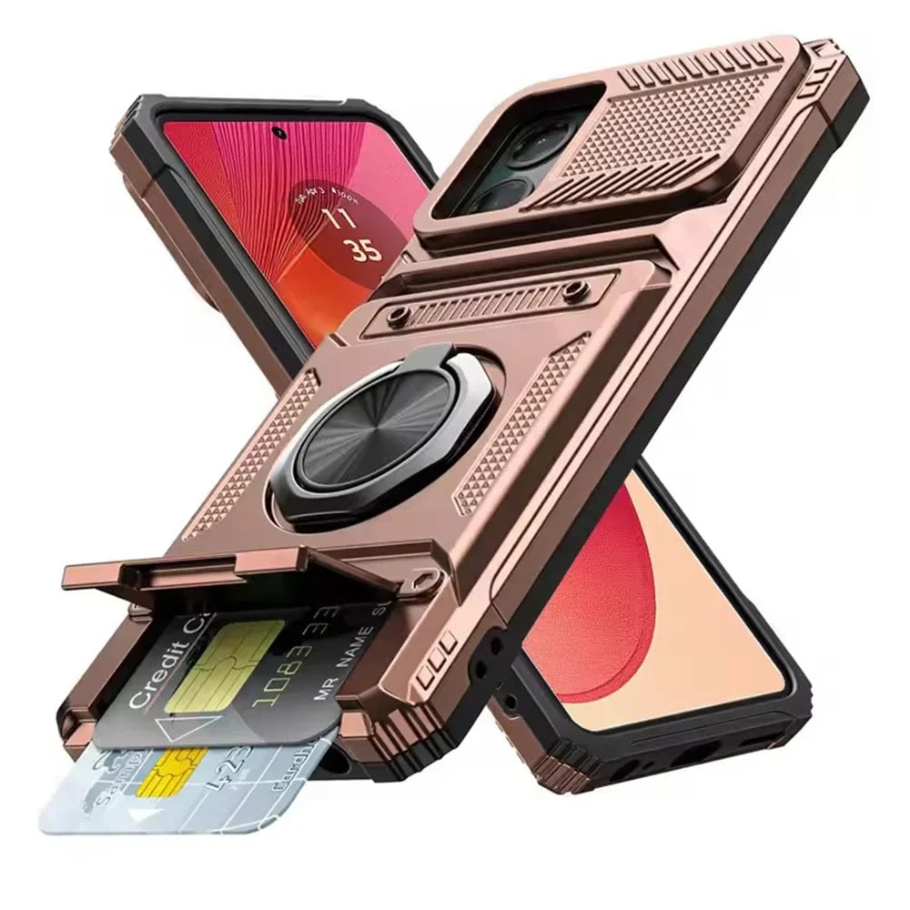 Rose gold rugged phone case with a kickstand, credit card slot, and a rotating ring holder.