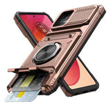 Rose gold rugged phone case with a kickstand, credit card slot, and a rotating ring holder.